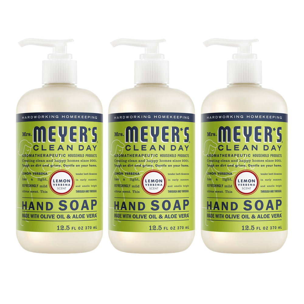 Mrs. Meyer's front bottle view showing lemon verbena label and fresh scent benefit