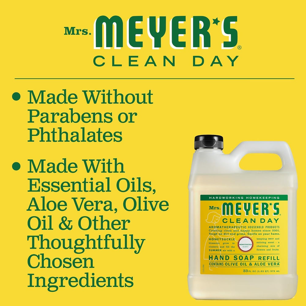 Mrs. Meyer's 33 fl oz bottle next to household items showing refill size advantage