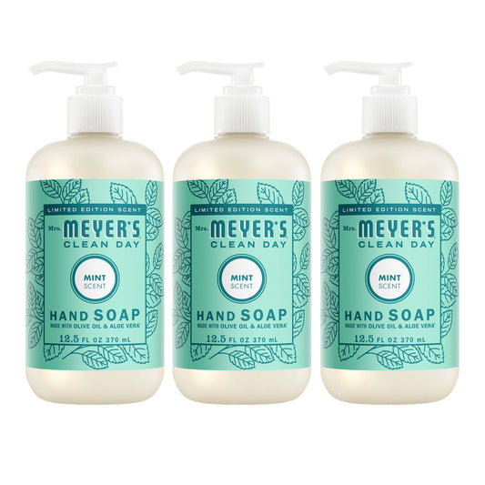 Mrs. MEYER'S front packaging showing three mint hand soap bottles and clear labeling