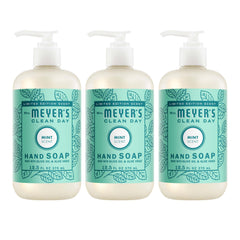 Mrs. MEYER'S front packaging showing three mint hand soap bottles and clear labeling