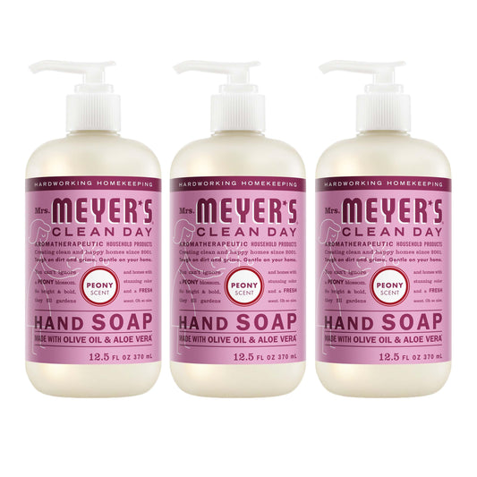 Mrs. Meyer's Peony front packaging showing three bottles and brand clarity