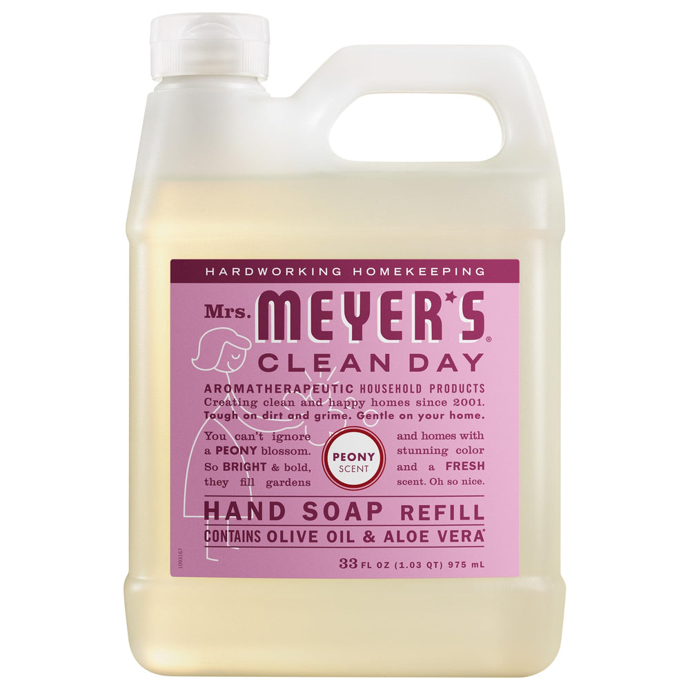 Mrs. Meyer's peony refill front label showing product name and size benefit