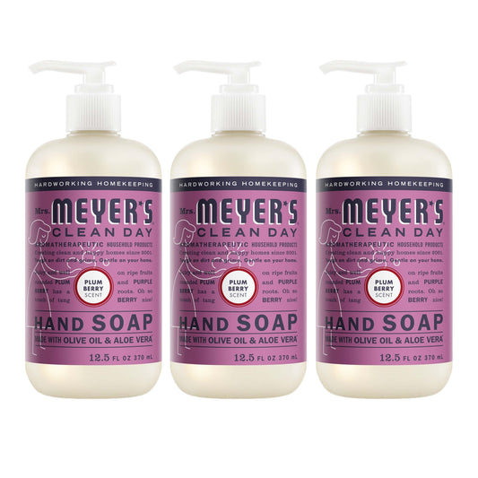 Mrs. MEYER'S front packaging showing three Plum Berry bottles and freshness
