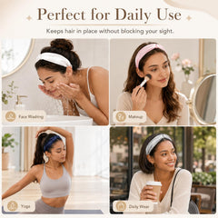 MTLEE headband in use during face wash keeping hair neatly away