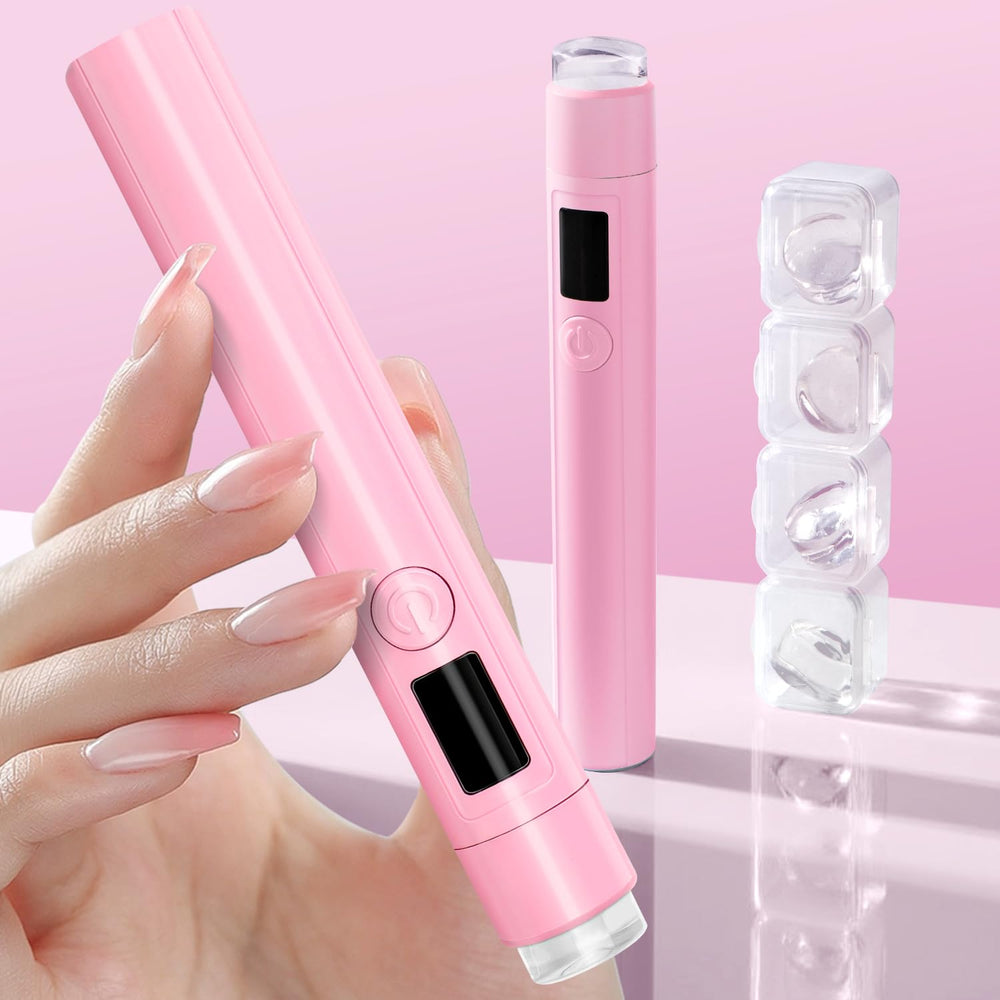 MUCOOS mini UV light front view showing compact pink body and easy controls, ideal portability