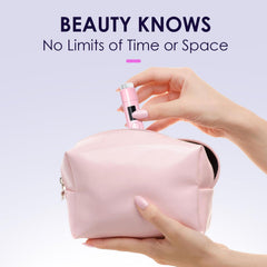MUCOOS in a travel bag on a vanity highlighting portability and on-the-go manicure convenience