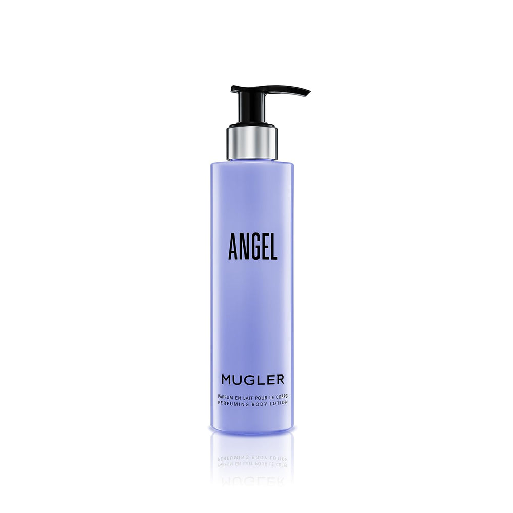 Mugler Angel lotion front packaging showing elegant bottle and scent cue