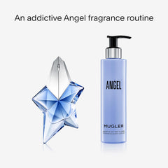 Mugler Angel lotion in bathroom lifestyle suggesting post-shower comfort