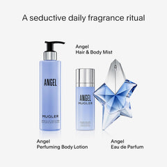 Mugler Angel lotion size comparison in hand showing travel-friendly 6.7 oz