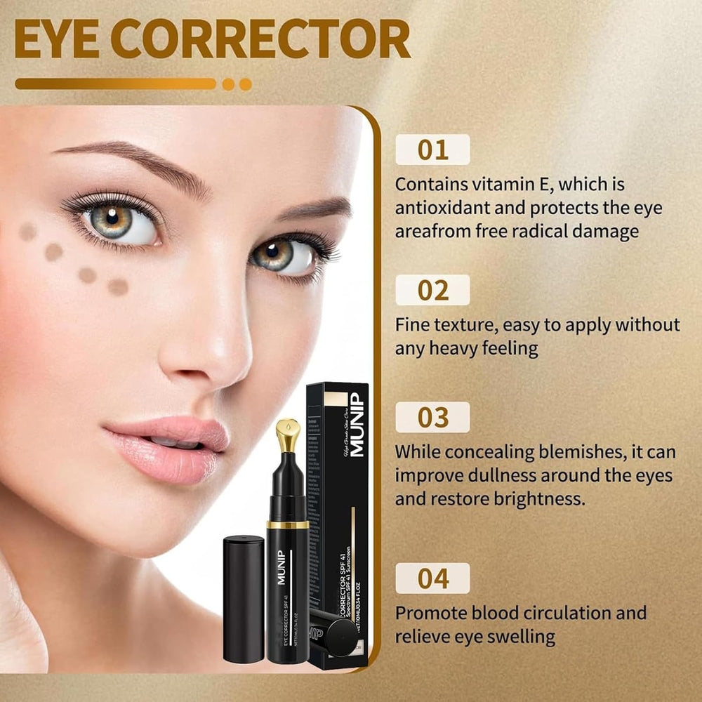 MUNIP eye corrector close-up of SPF 41 label showing sun protection benefit