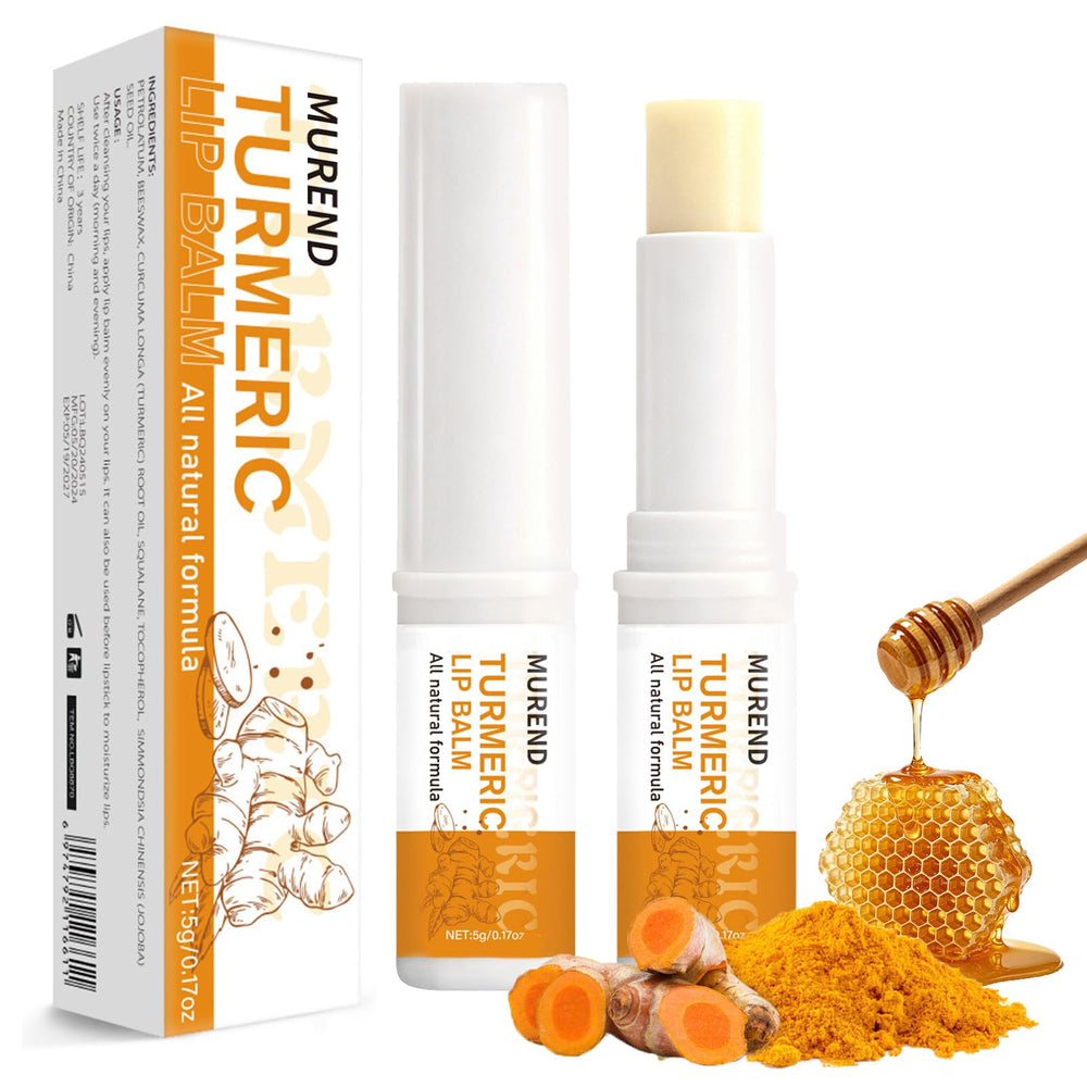 MUREND front packaging showing clean turmeric lip balm tube and product benefits