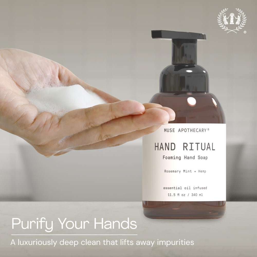 Muse Apothecary pump dispensing creamy foam for efficient cleansing benefit