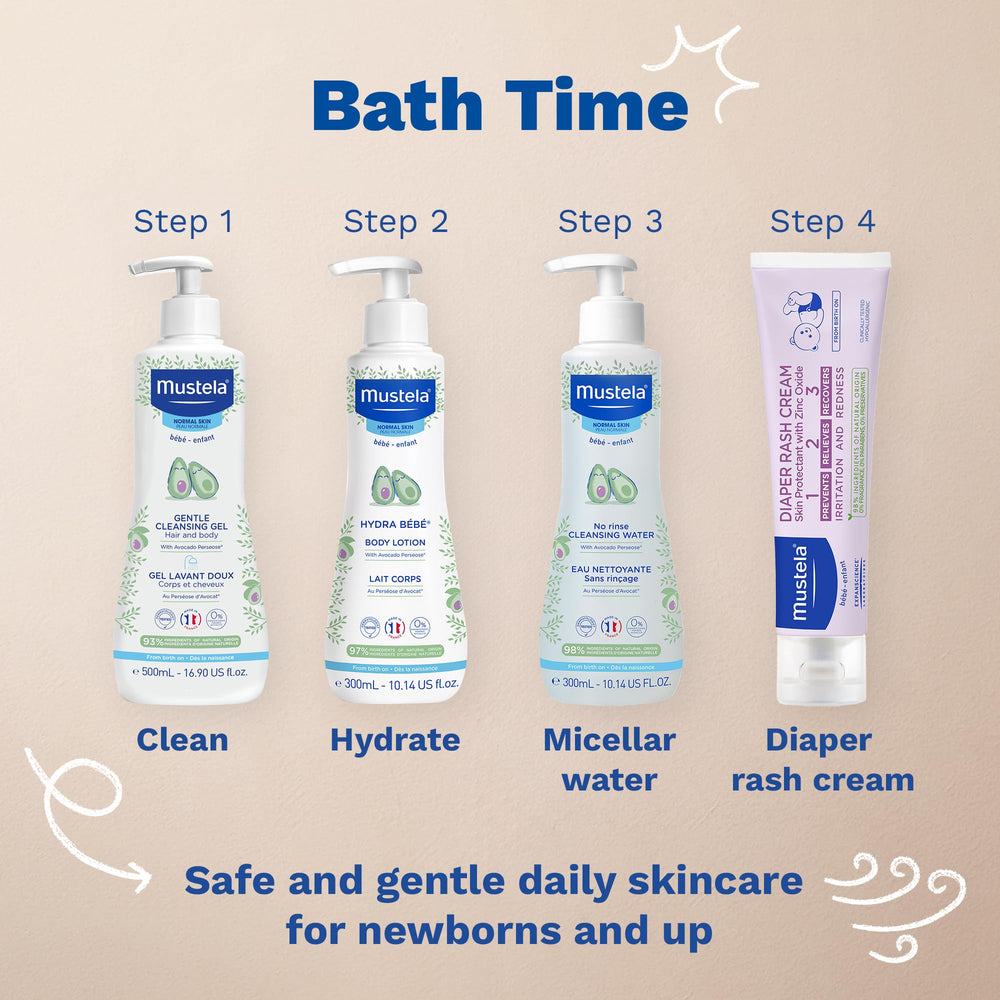 Mustela ingredients label detail emphasizing 98% natural formulation