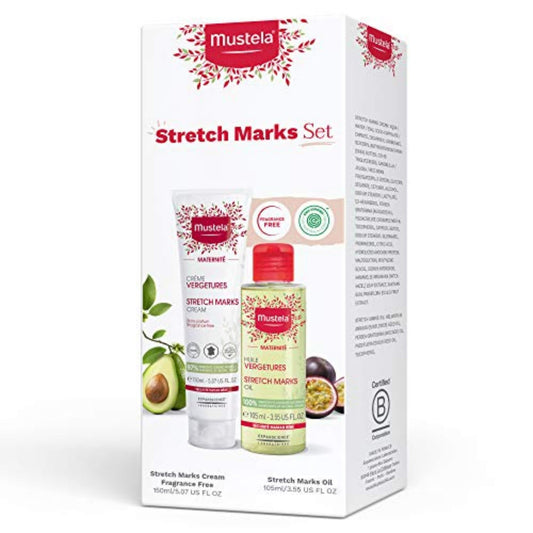 Mustela front packaging showing both stretch marks cream and oil for confident hydration