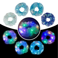 MUYANN front view of four blue LED scrunchies showing shades and style benefit visibility