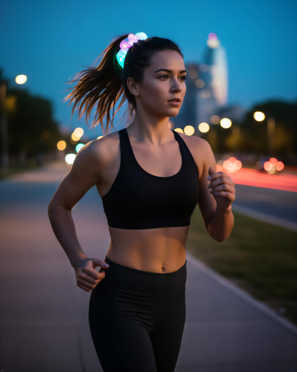 MUYANN scrunchie in ponytail showing comfortable glow for events