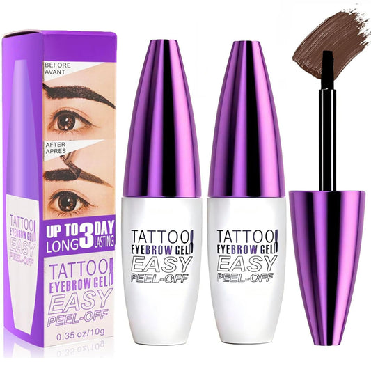 MVC front packaging of two dark brown peel-off eyebrow gels for travel convenience