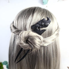 MYAROMA FINDINGS inserted in a bun illustrates reliable hold for updo styles