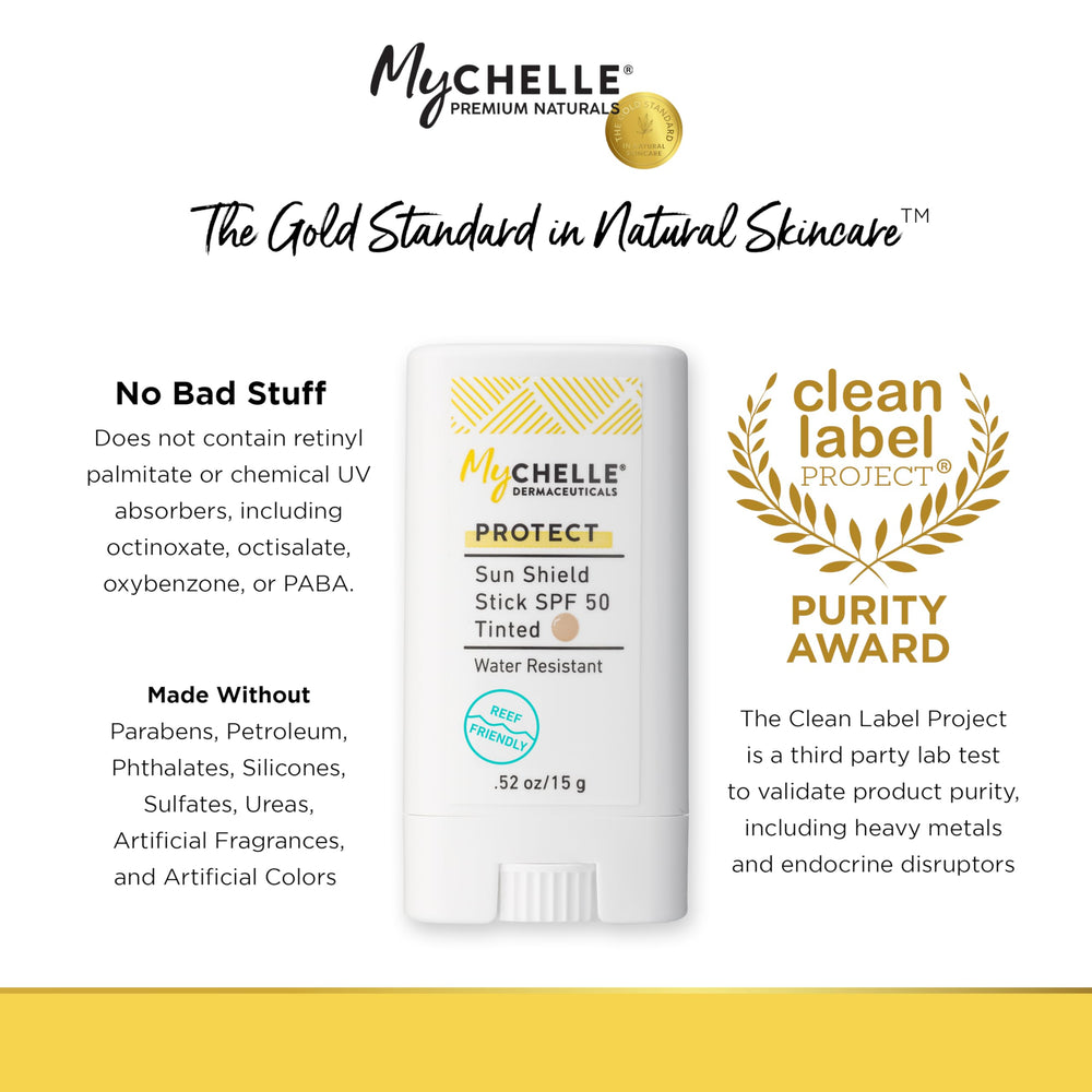 MyCHELLE Sun Shield Stick beside common items showing size and portability benefit