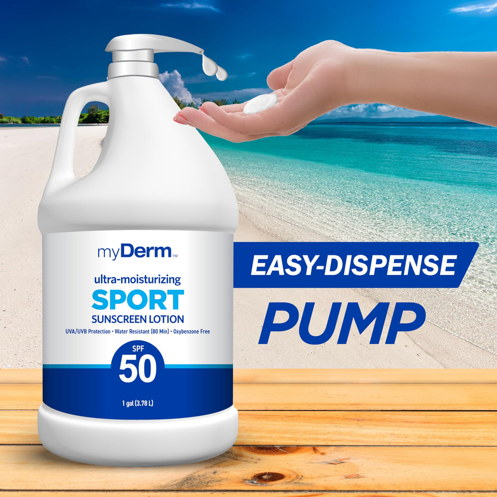 MyDerm bottle on sandy beach showing reef-safe outdoor use benefit