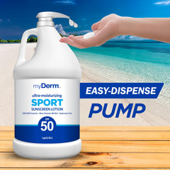 MyDerm bottle on sandy beach showing reef-safe outdoor use benefit