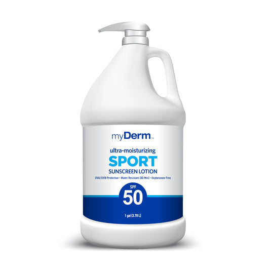 MyDerm front label on 128oz bottle showing SPF 50 benefit