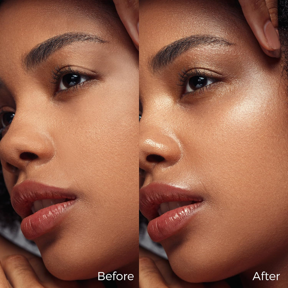 MYMERRY highlighter swiped along collarbone illustrating luminous body sheen