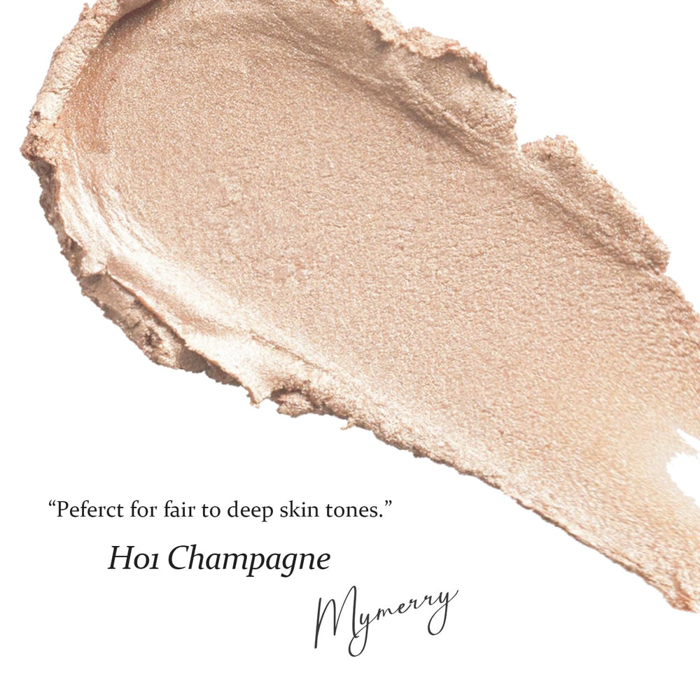 MYMERRY highlighter applied on cheek showing dewy glow that enhances features