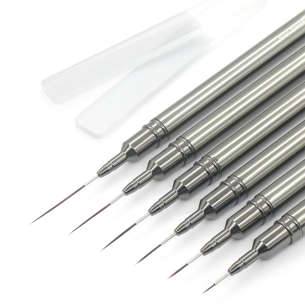 MYR metal-bodied brush set front view showing all sizes and caps for professional precision
