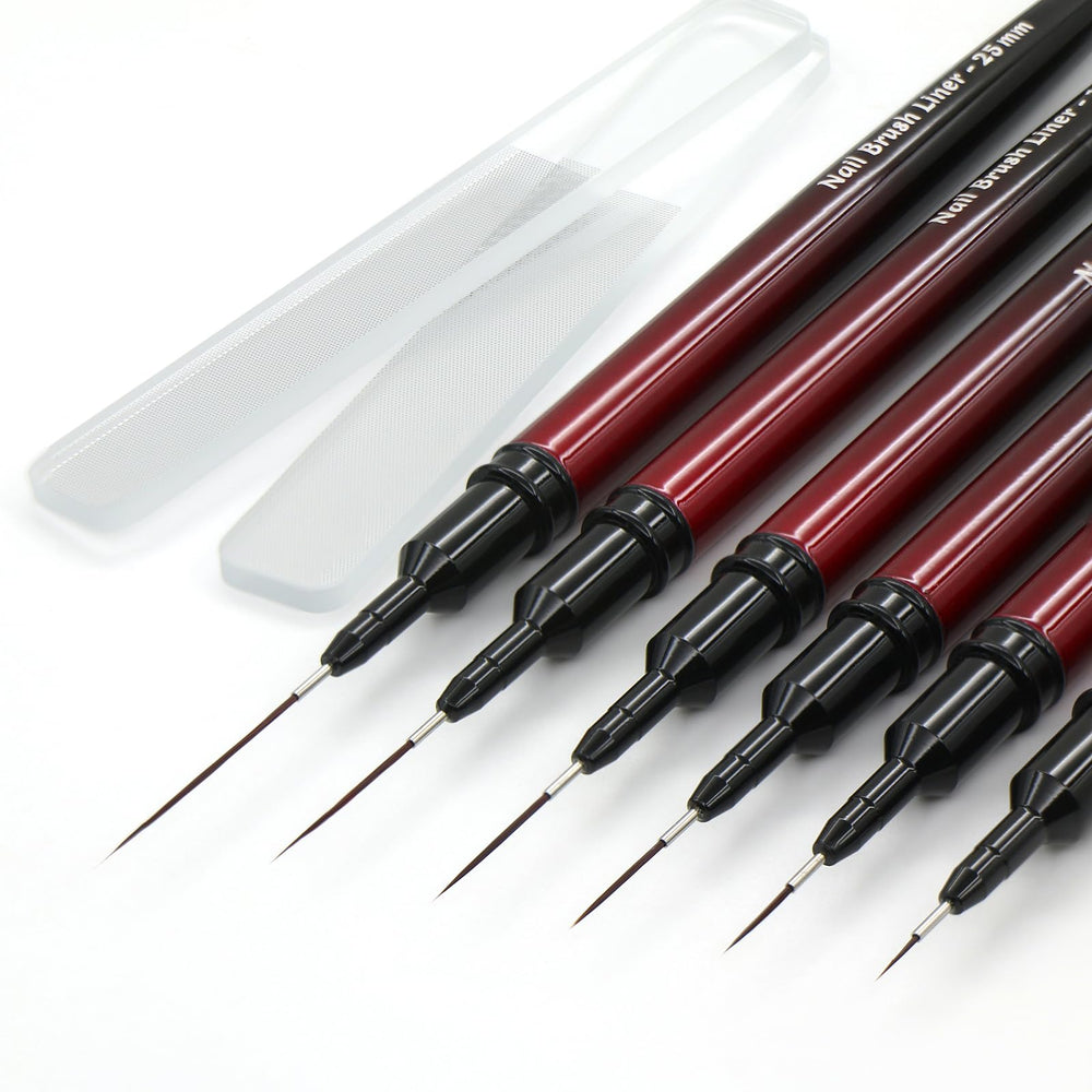 MYR metal nail brushes front view showing sleek handles and caps for durable storage
