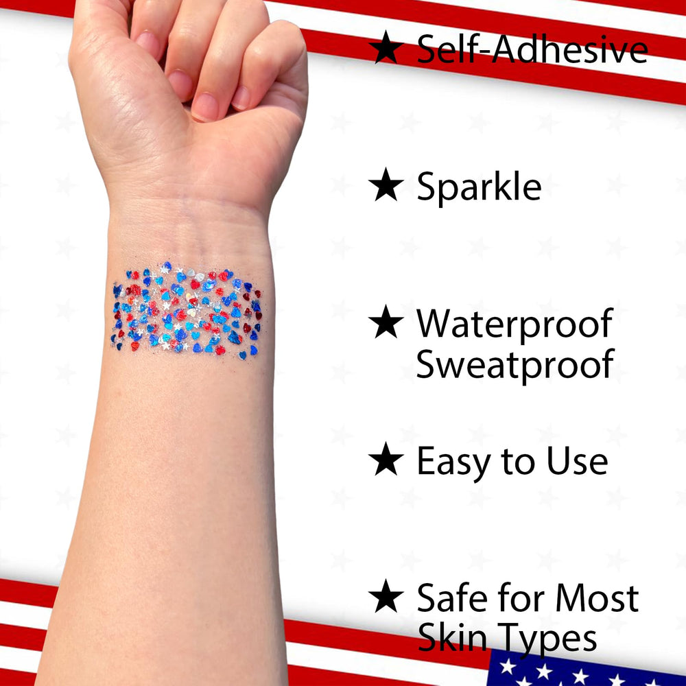 Mysense glitter applied under eye and cheek for photo-ready patriotic highlight
