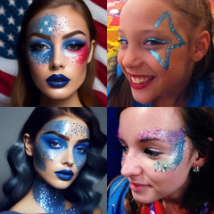 Mysense blue glitter applied to cheek highlighting festive sparkle for patriotic makeup