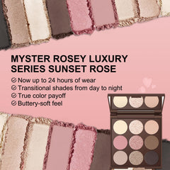 MYSTER ROSEY arm swatches of all nine shades highlighting true pigmentation and layering control