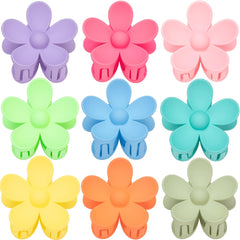 Mythos front packaging of nine matte flower claw clips, organized and travel-ready