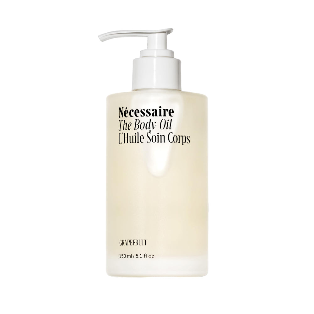 Nécessaire The Body Oil front bottle showing sleek packaging and product benefit
