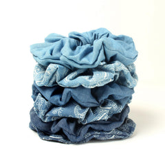naibirdr front view of six denim paisley scrunchies shows coordinated colors and style benefit
