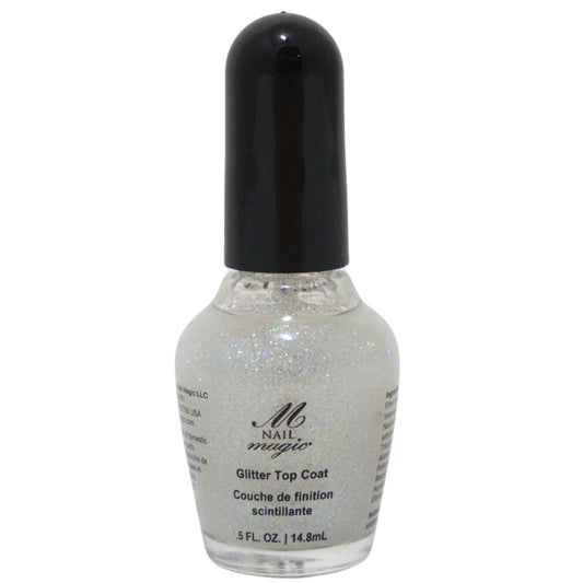 Nail Magic front bottle showing glitter top coat and glossy finish benefit