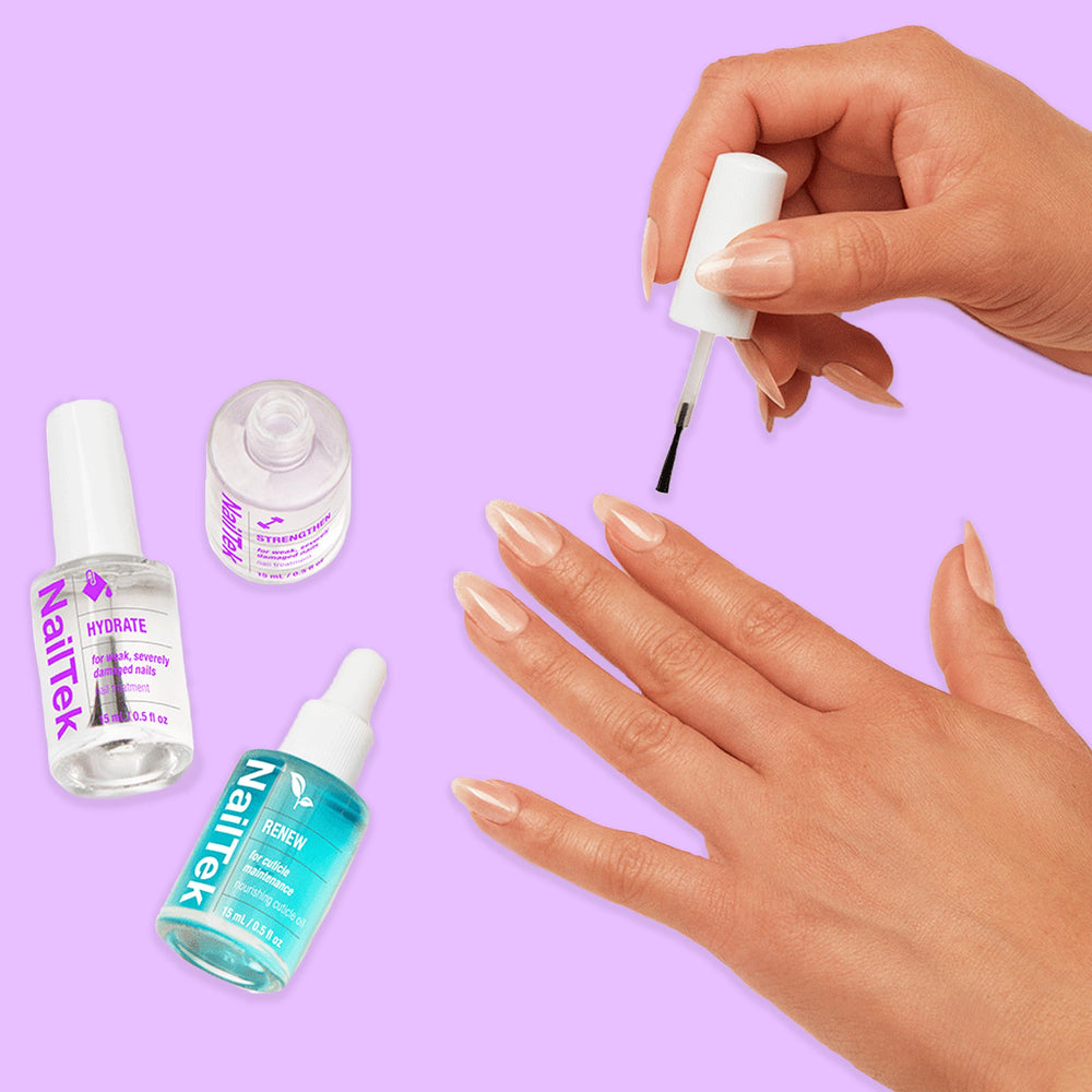 Nail Tek Renew oil bottle demonstrating conditioning and shine benefit
