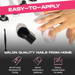 Nailboo base, activator, top and tools arranged to show an organized dip kit