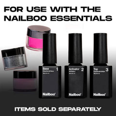 Nailboo powder beside scale and jar demonstrating accurate 0.5 oz size and contents