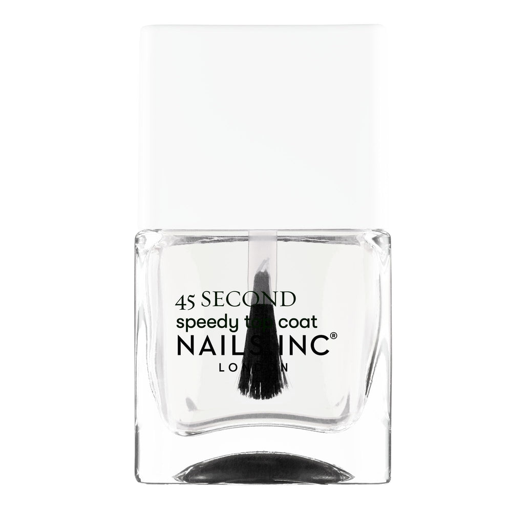 Nails Inc clear top coat bottle front shows glossy finish benefit