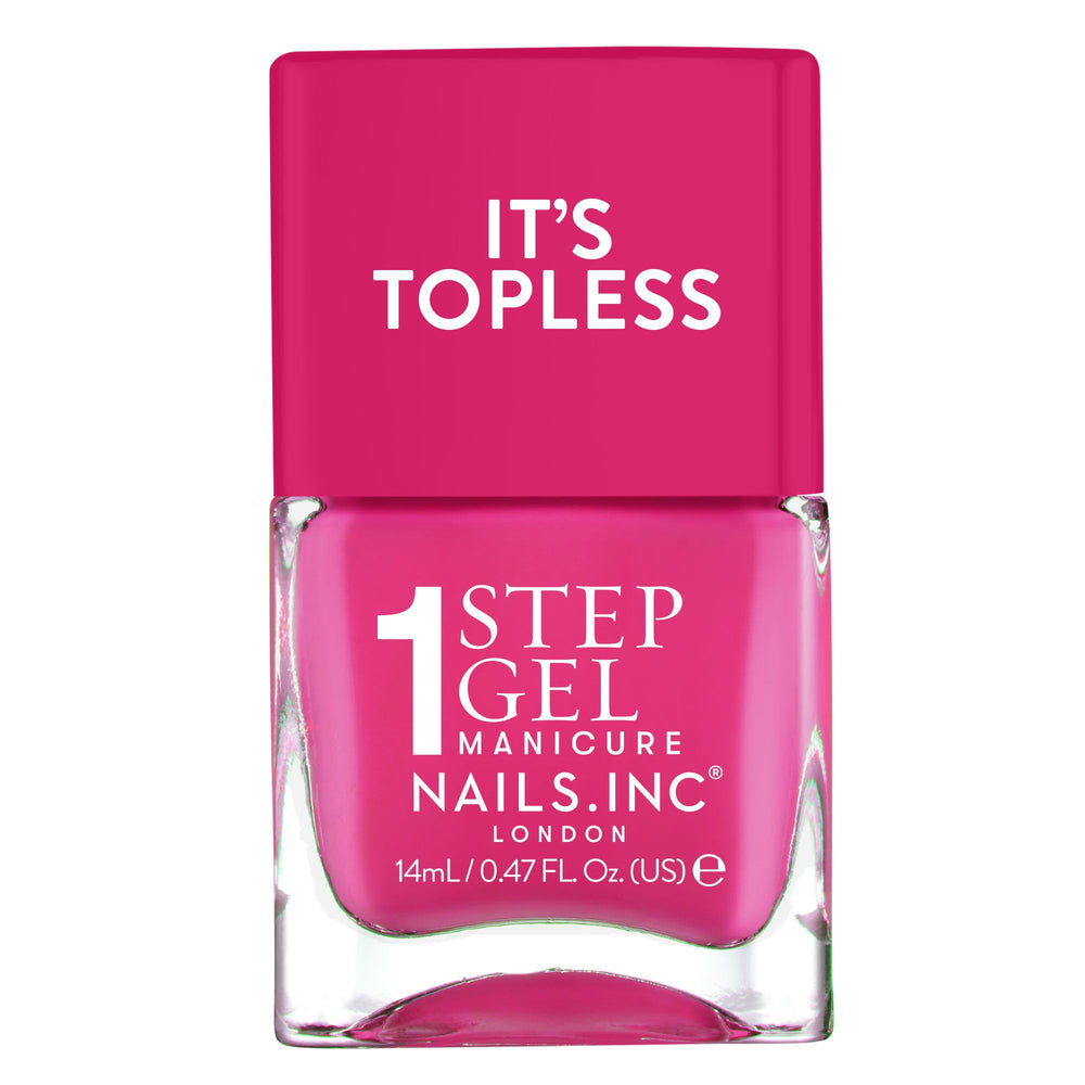 Nails Inc bottle front view showing Olivia hot pink and glossy finish benefits