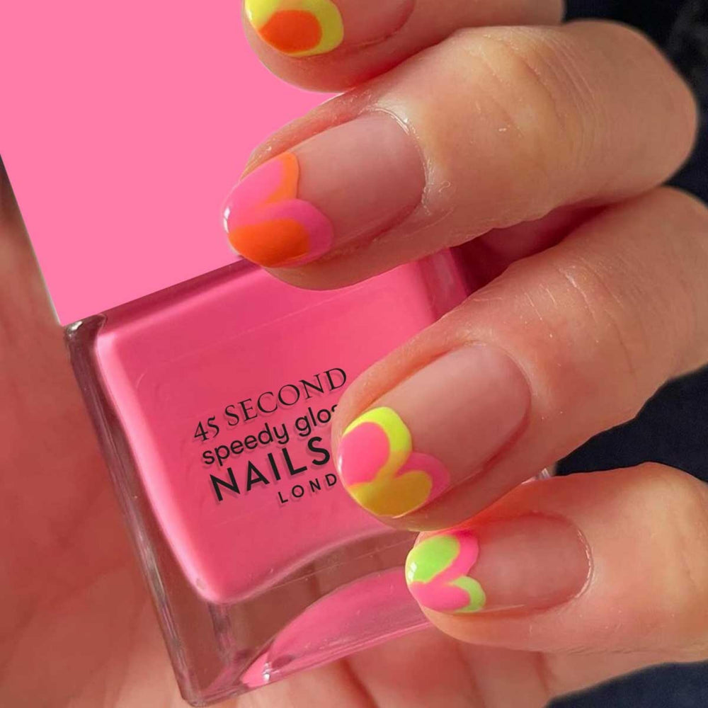 Nails Inc Taylor swatch on skin displaying true neon pink and opaque coverage