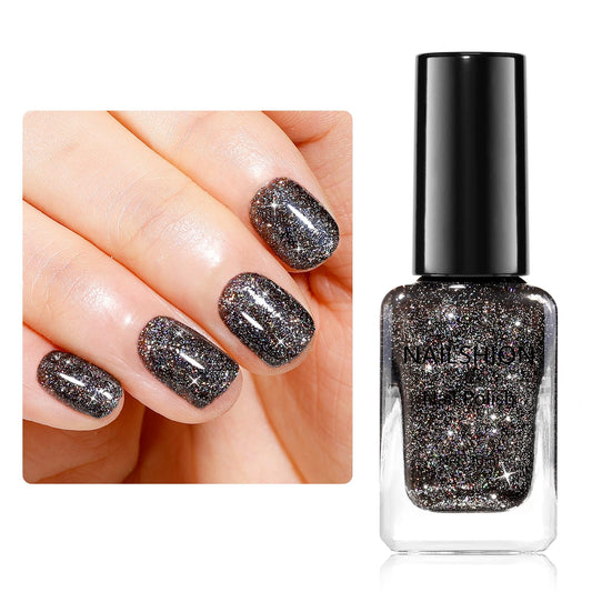 Nailshion bottle front view showing black glitter label and glossy finish