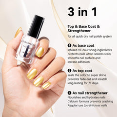 Nailshion clear 3-in-1 bottle label highlighting strengthening and glossy protection
