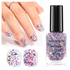 Nailshion front bottle glitter showing vibrant purple blue red confetti and label benefit