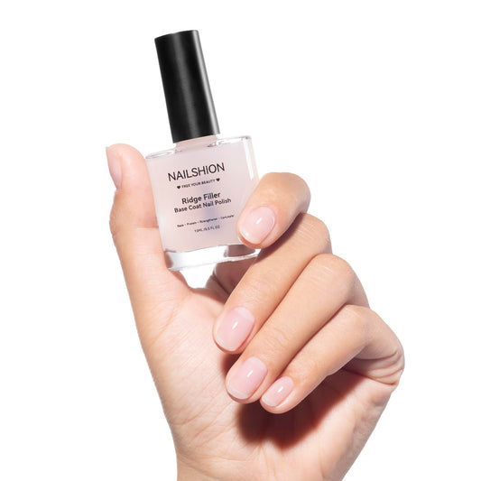 Nailshion bottle front view showing clear ridge filler and neat packaging benefits quick use