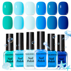 Nailshion front packaging showing six blue polishes, easy gifting and storage