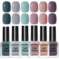 Nailshion front packaging showing six neutral grey shades and neat display