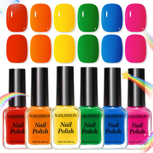 Nailshion front packaging showing seven colorful polish bottles and brand benefits